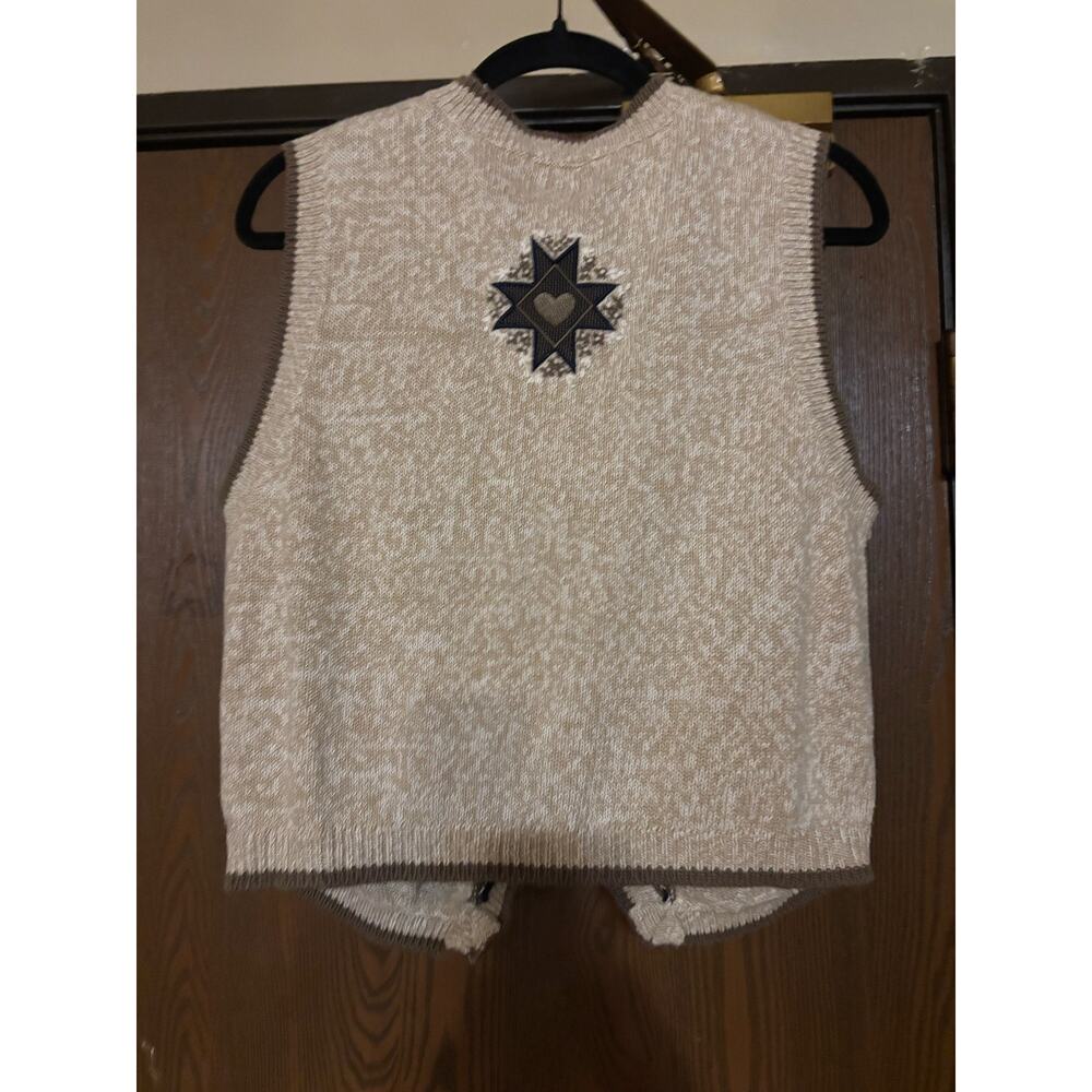 Vintage Beige Hand Embroidered Hearts/ Stars Fall/ Cotton Knitted Sweater Vest - Picture 2 of 3